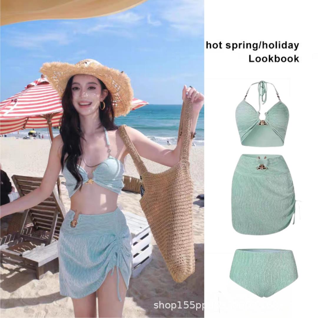 New swimsuit women s split bikini vacation style seaside three-piece set, thin belly swimsuit, hot spring promise S зелёный