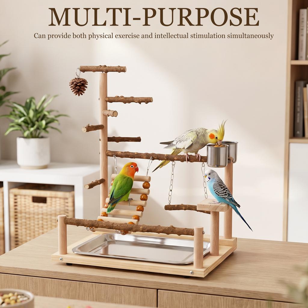 Wooden Parrot Play Stand Multi Level Parrot Playground with Ladder Swing and Feeding Cup Bird Toys Birdcage Accessories for Pet