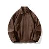 Men's Trendy Autumn/Winter American Style Brown Leather Bomber Jacket with Matte Finish and Padded Shoulders