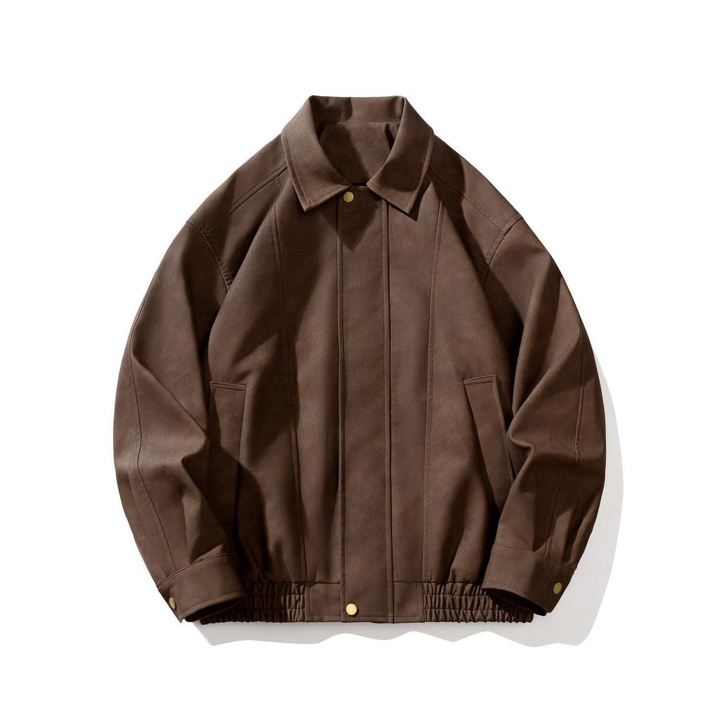 Men's Trendy Autumn/Winter American Style Brown Leather Bomber Jacket with Matte Finish and Padded Shoulders