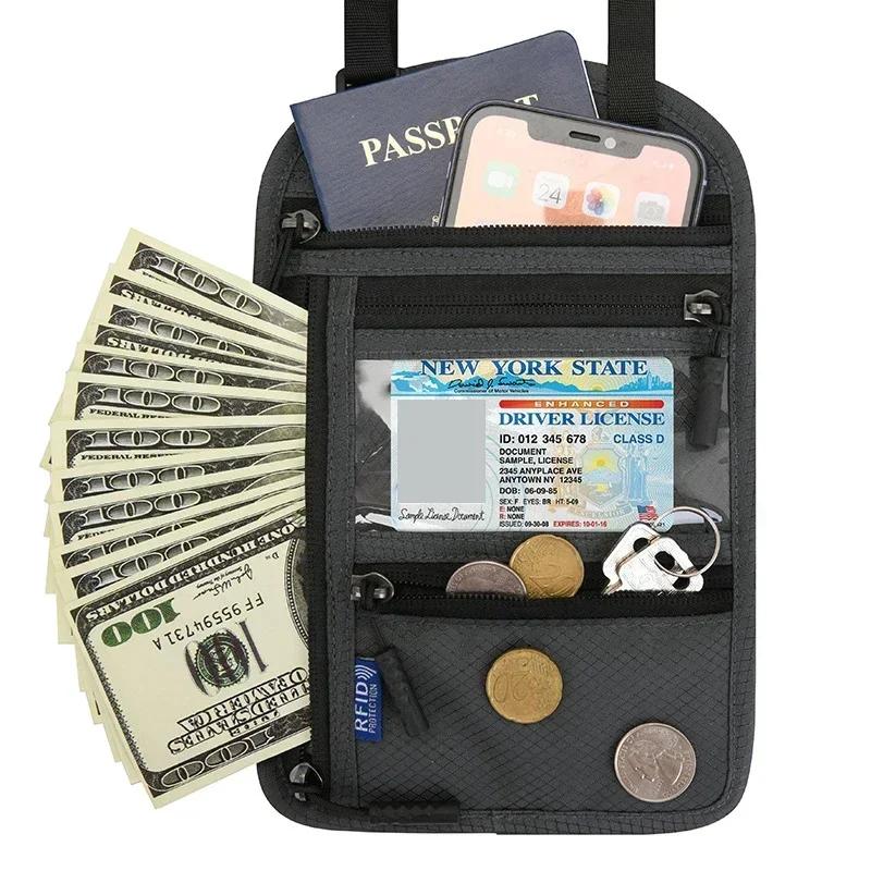 Porta-passaporte com proteção RFID Bolsa de pescoço para viagem Carteira antifurto Porta-dinheiro escondido Porta-cartões de documento Impermeável Organizador grande