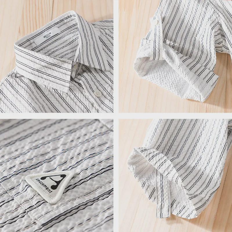 Men's Summer Striped Short-Sleeve Shirt with Bubble Texture - Trendy and Comfortable, Five-Point Sleeves 944