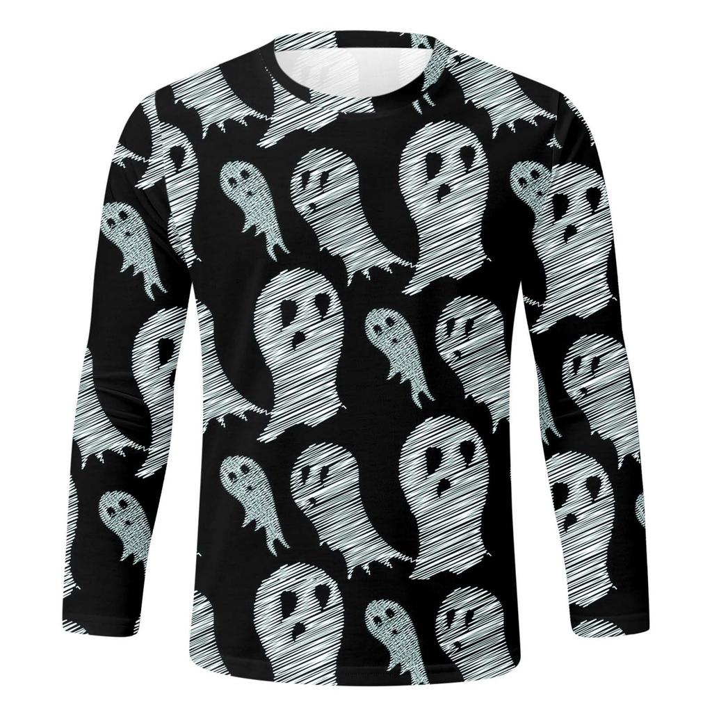 Spring and Autumn Round Neck 3D Halloween Printed Top Fashionable Casual Long Sleeved Men's T-shirts