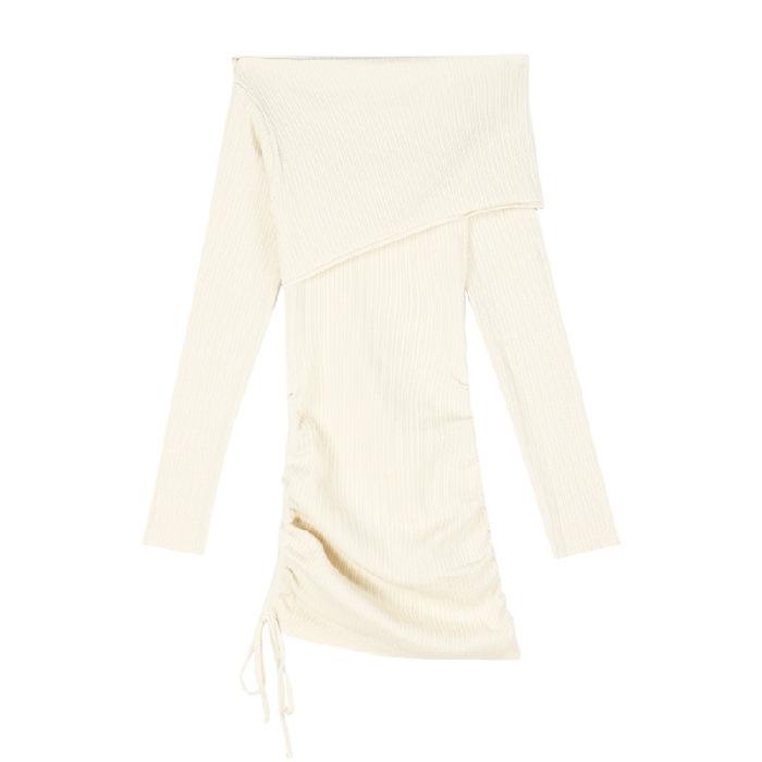 Solid color pure desire one-word collar off-the-shoulder long-sleeved dress for women's autumn new slim-fit drawstring Spice girl hip-wrapped short sk