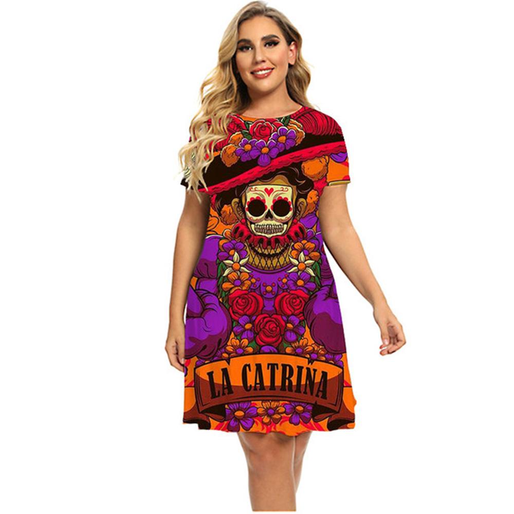 Slim Women's Dress Short Sleeve Skull Digital 3D Print Fashion V-Neck Women Clothes Summer Sexy Solid Color Casual A-line Dress