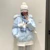 Women's big fur collar hooded cotton clothes, winter snowflake print cute wind loose short warm cotton-padded clothes