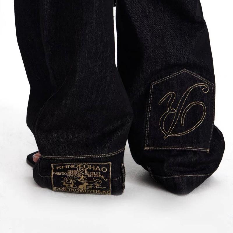 American Retro Paris Buckle Raw Denim Jeans Unisex Straight Wide Leg Slim Fit Streetwear