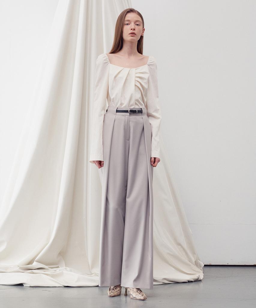 RE RHEE Belt Waist Detail Wide Leg Trousers Beige