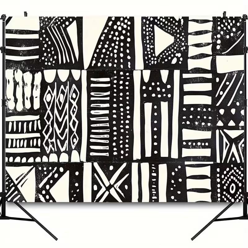 2D Black White Tribal Geometric Tapestry for Boho Room Decor