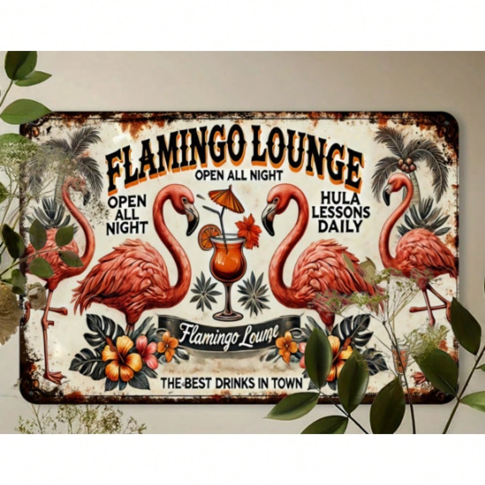 Vintage Flamingo Lounge Metal Sign, Retro Tropical Bar Decor, Tiki Style Man Cave Nightclub Wall Art Accent