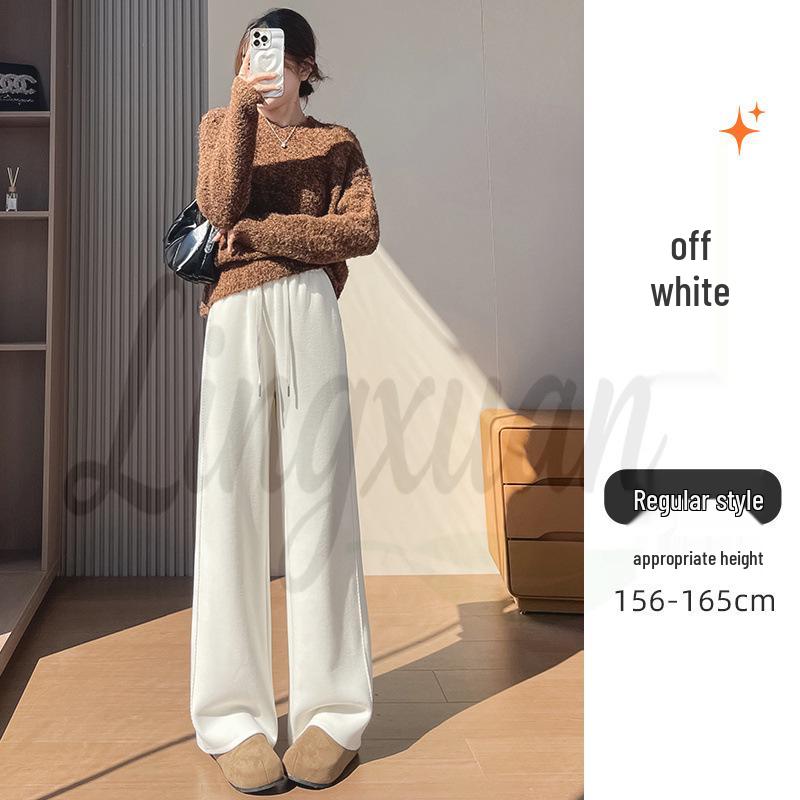

Women s High-Waisted White Wool-Acetate Wide-Leg Pants - Autumn/Winter Floor-Length Straight-Leg with Thick Cashmere XL