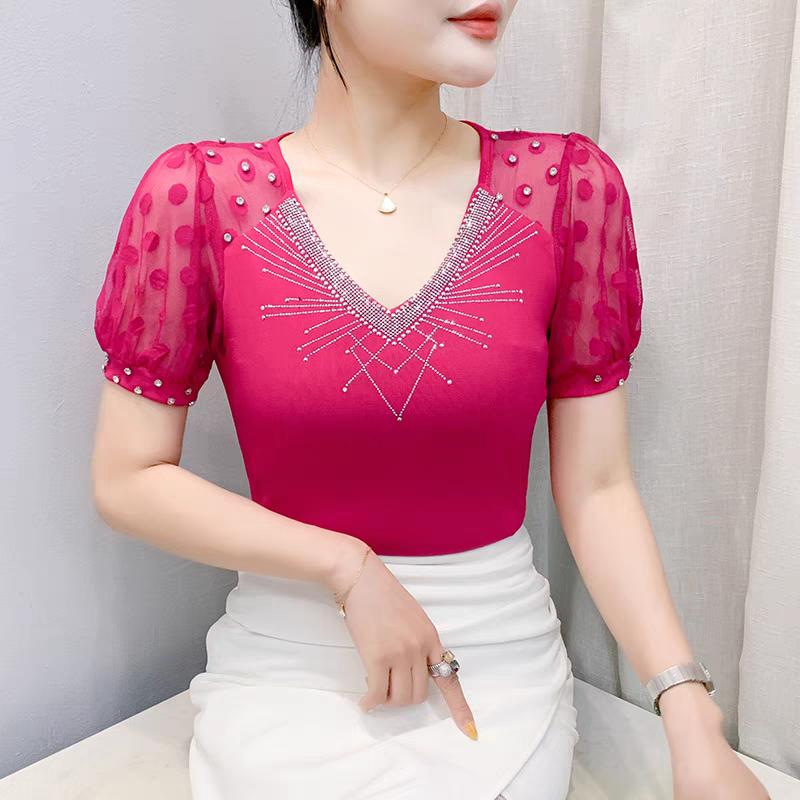 

Summer New Mesh T-shirt Shiny Hot Diamonds Tees Sexy V-neck Short Sleeve Women s Tops Fashion Classic Girl Streetwear Blouse M