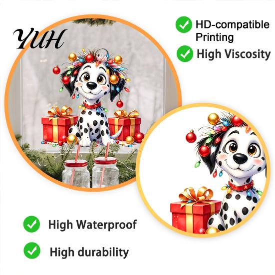 Waterproof PVC Window Decorations Christmas Spotted Puppy/Penguin Static Sticker, Cute Watercolor Animal Glass Stickers with Colorful Lights