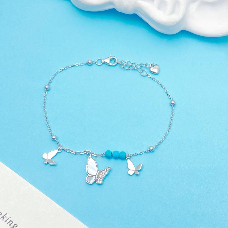 S925 Sterling Silver Butterfly Bracelet with Mother-of-Pearl and Blue Beads, Adjustable Exquisite Design 925 Sterling Silver