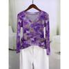Women's Sheer Mesh V-neck Long Sleeve Blouse Purple Floral Print Slim Fit Casual Top