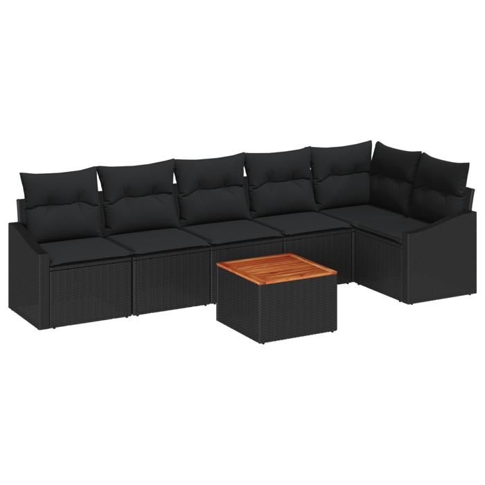 VidaXL Ensemble de sofa jardin 7 pièces avec coussins Noir Poly Rattan Acacia 3347842