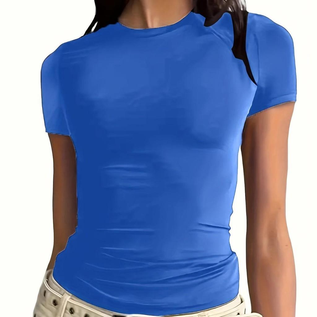 Women's Slimming Stretch Round Neck T-Shirt: Solid, Short Sleeve, Versatile Casual Top