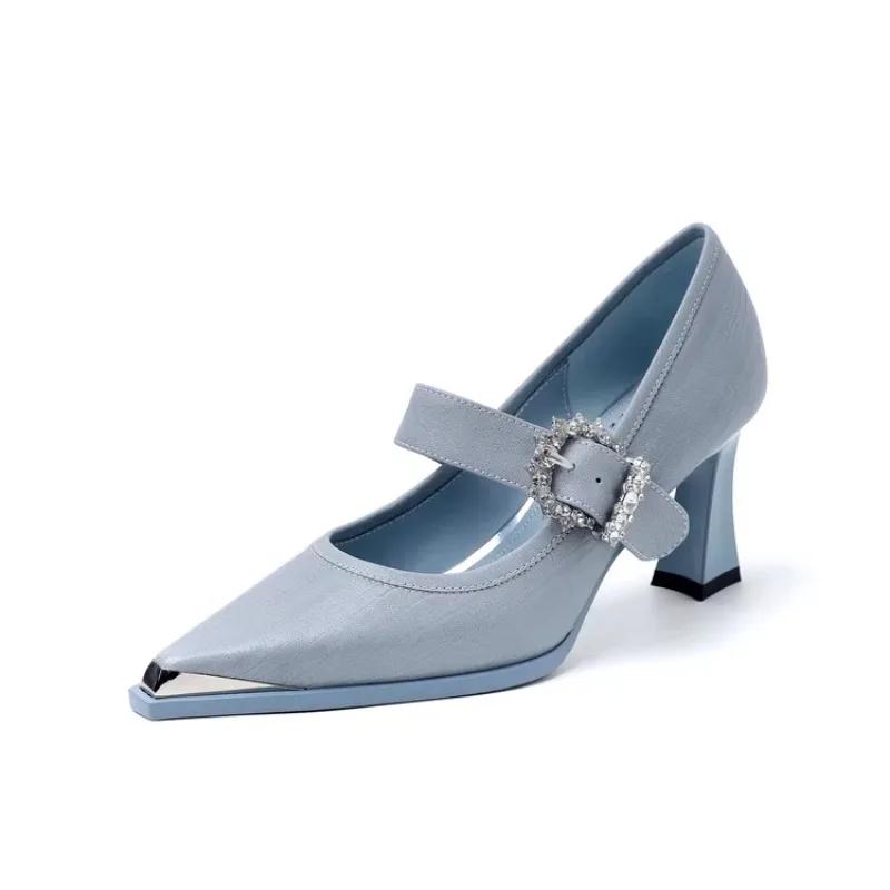 

Модные французские туфли-лодочки с острым носком и стразами для женщин 2025 Новые универсальные туфли Мэри Джейн с ремешком и блочным каблуком 34