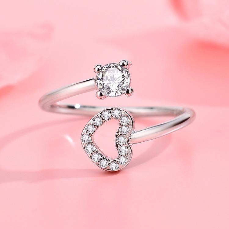 Japan and Korea Hollow Heart-shaped Open Ring, Women's Sweet Diamond-set Love Index Finger Ring, Trendy Fashion Jewelry