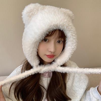 Autumn And Winter Bear Ear Strap Lei Feng Hat Women'S Korean Cute Warm Ear Protection Knitted Wool Hat
