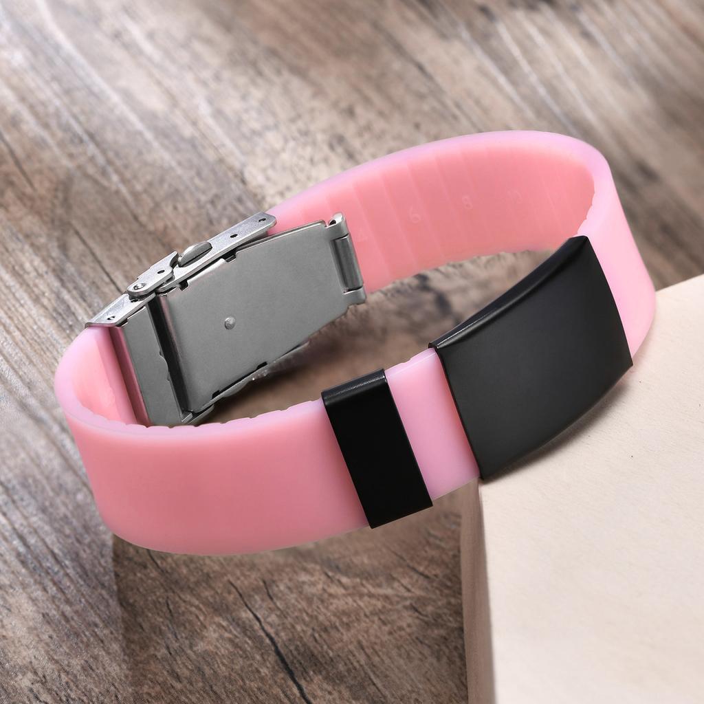 Custom Engrave Blank ID Bracelets for Women,Casual Silicone Wristband with Stainless Steel Medical Logo Tag,Length Adjustable
