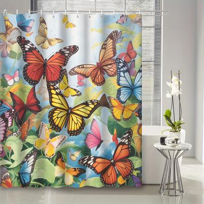 1pc Forest Colorful Butterfly Pattern Printed Shower Curtain, Fabric Bath Accessory Shower Curtain