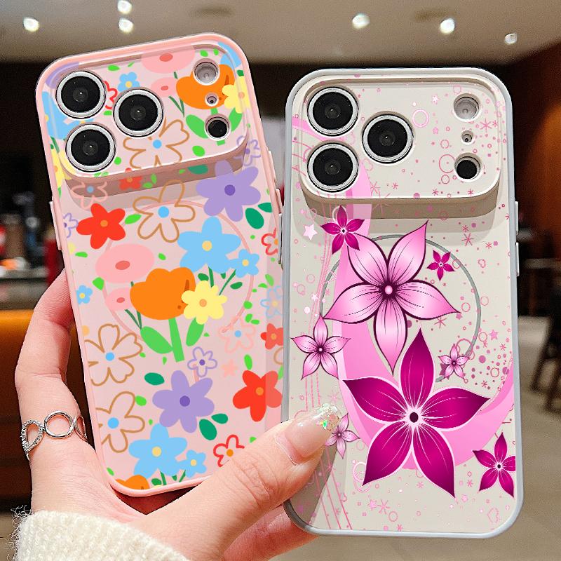 Pink Cartoon Floral Case For iPhone 17 Pro Max iPhone 16 Pro Max 15 14 13 Magnetic For Magsafe Hybrid TPU+PC Matte Cover