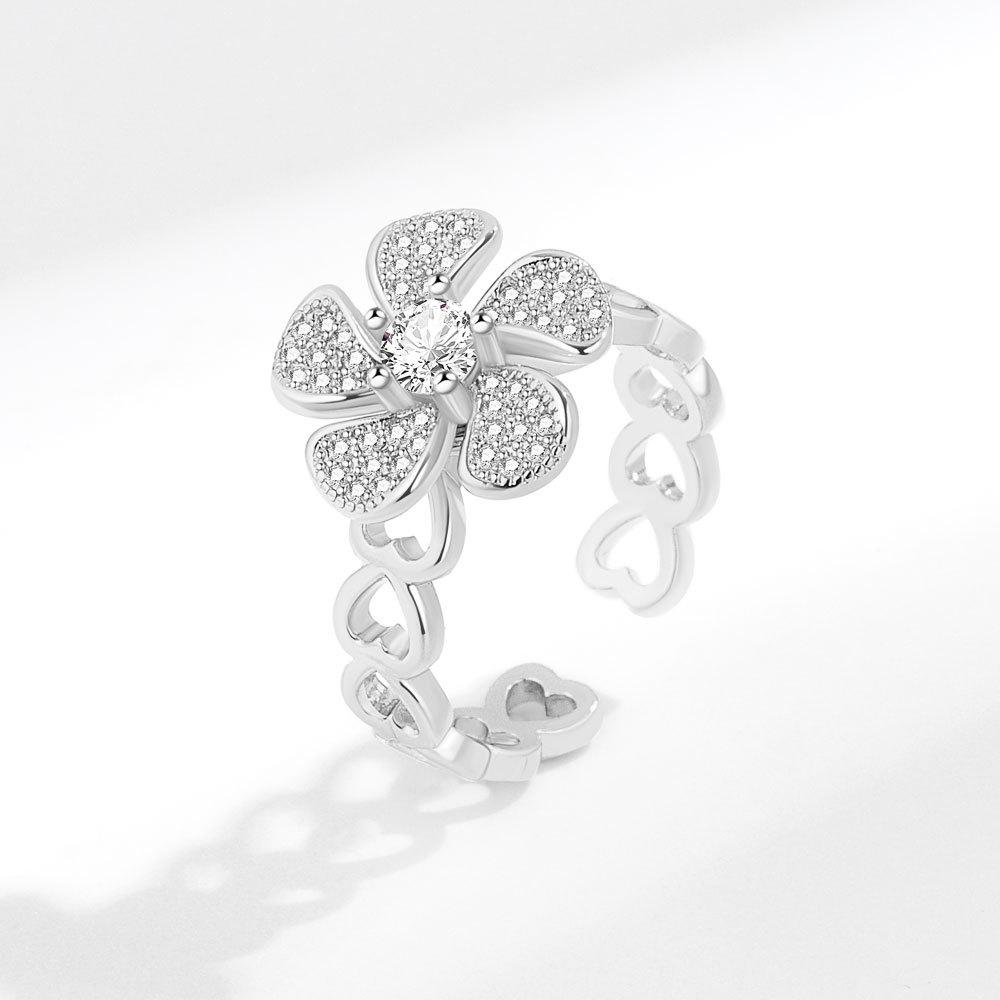 Offener Ring mit Zirkonia-Blume, Damen-Design, Nischenring, zweifarbig, Sonnenblume, doppelte Kamelie, personalisierbar, vielseitig verstellbar, Windmühlenring, Schmuck
