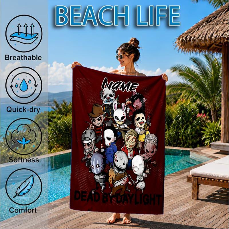Custom Name Halloween Horror Movie Beach Towel Microfiber Beach Towel, Lightweight and Quick-Dry, for Summer Travel, Swimming Pool Gift