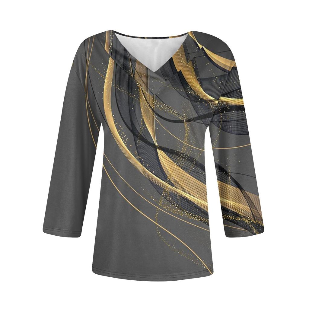 3/4 Length Sleeve Womens Tops V Neck Casual Tunic Tops Basic Shirts Loose Fit Blouse