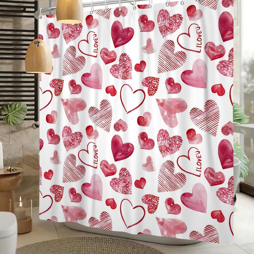 Valentines Day Shower Curtain Romantic Love Drawing Art Red Heart Shower Curtains Mother's Day Shower Curtain for Shower Decor Sets for Bathroom