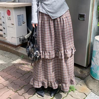 New Arrivals Open Run Women Frill Check Long Skirt