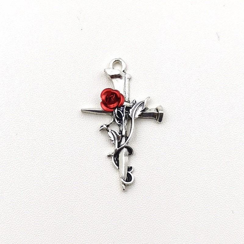 Punk Gothic Red Rose Vine Cross Pendant Necklace for Women Men Vintage Rock Cool Silver Color Cross Chain Party Jewelry Gifts