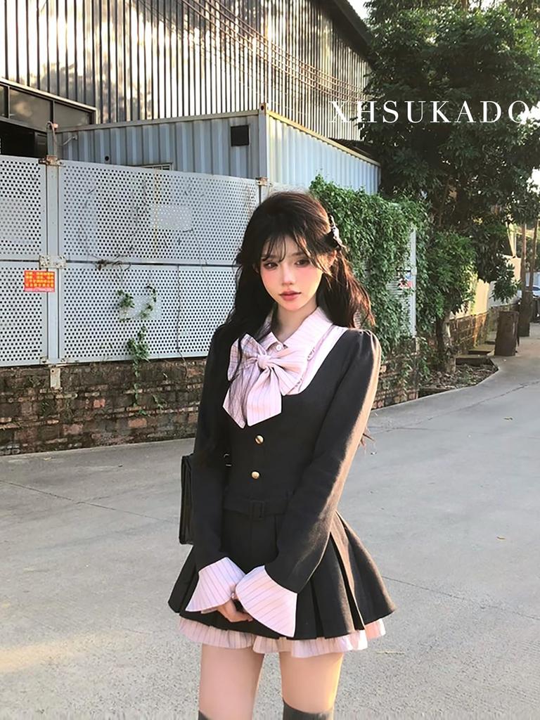 XHSUKADO Long Detachable Cute Striped Faux High Girly Student Size M Women's Korean-style Dress, Sleeves, Belt, Ribbon, Pattern, Pleated, Layered,