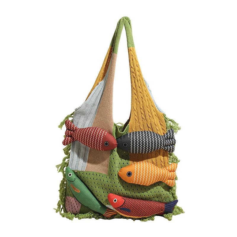 Large-capacity Tote Bag with A Cute 3D Fish Design – Versatile Knitted Tote Bag, One-shoulder Tote Bag