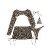 European And American Leopard Print Lace-Up Sexy Bikini Split Four-Piece Swimsuit Long-Sleeved Sunscreen Skirt Hot Spring Swimsuit