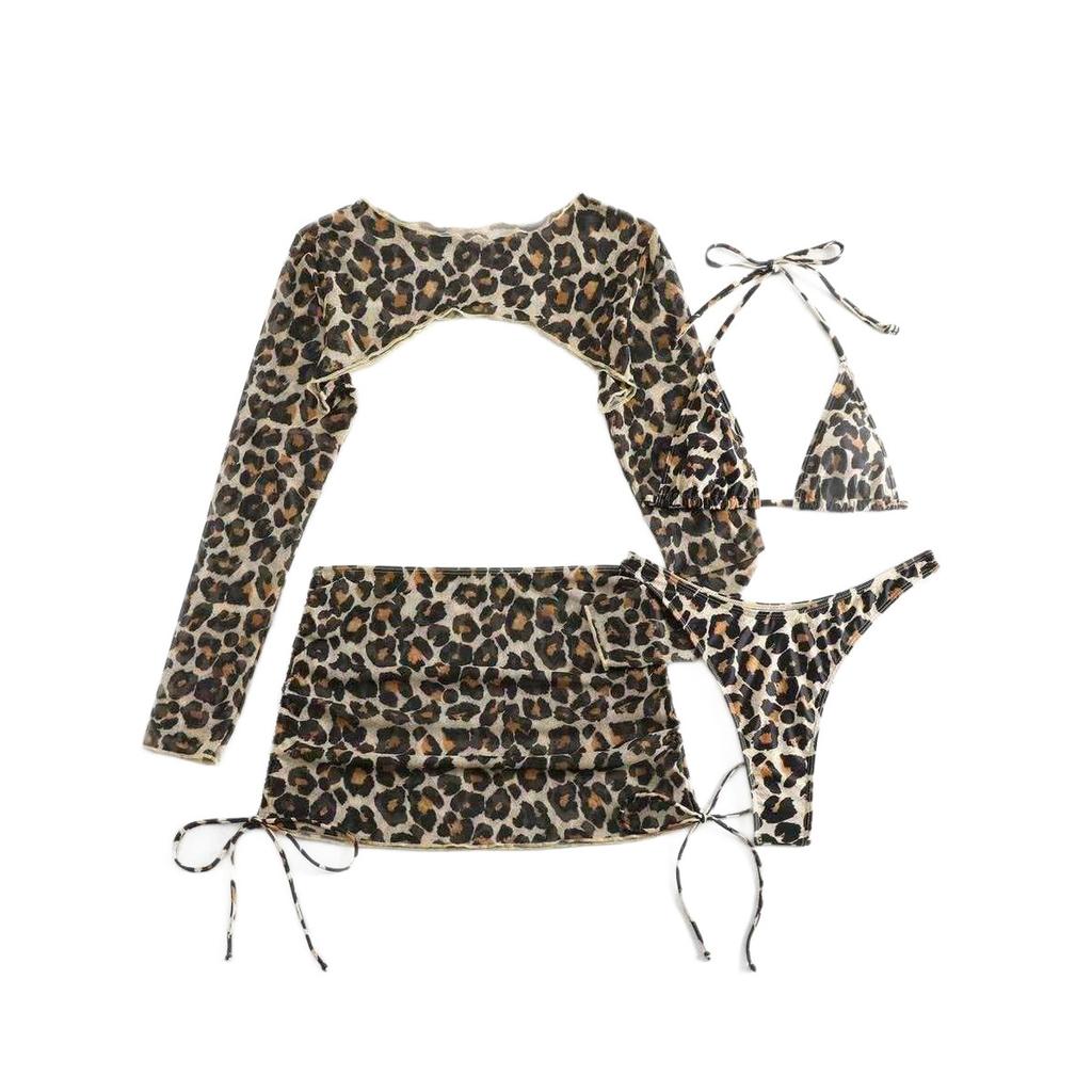 European And American Leopard Print Lace-Up Sexy Bikini Split Four-Piece Swimsuit Long-Sleeved Sunscreen Skirt Hot Spring Swimsuit