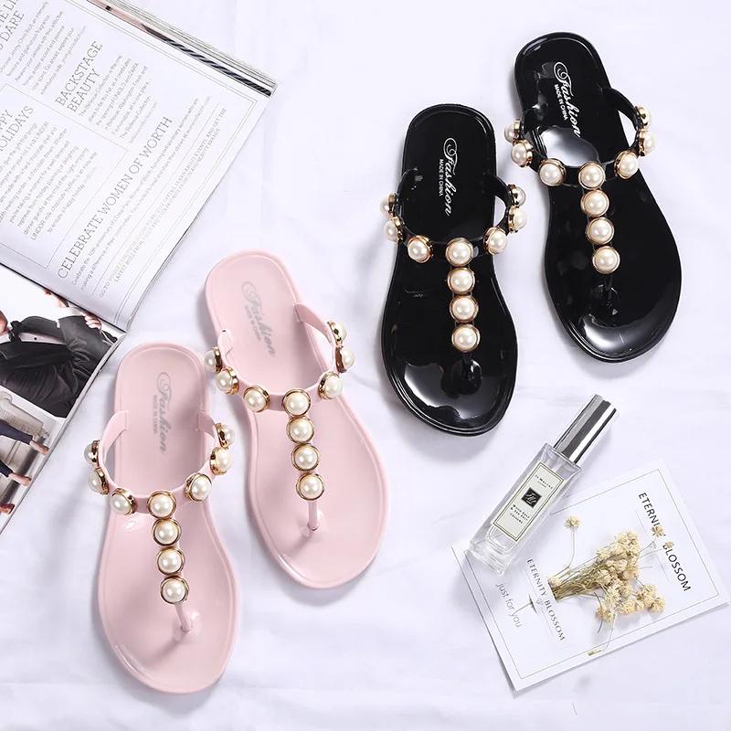 Modische Perlenstecker Zehenstegsandalen Damen Perlenbesetzte Flip-Flops Rutschfest Strand Sandalen Alleskönner Gelee-Schuhe Damen Hausschuhe Pantuflas
