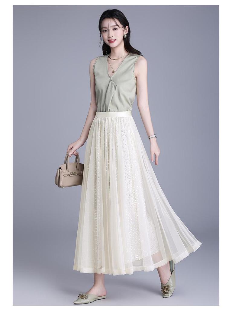 Spring 2026 Sequin Mesh A-line Midi Skirt - Slimming, Drapey, Fashionable, Casual Wear