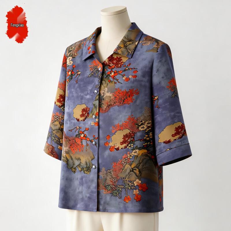 Elderly Women s Summer Floral Print 3/4 Sleeve Shirt 3XL