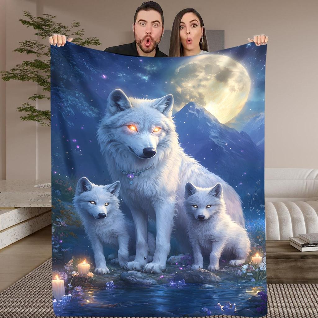 1pc Wolf Pack Night Scene Digital Printed Blanket - Soft Flannel All-Season Throw with Wolf, Cubs & Full Moon Design, Cozy for