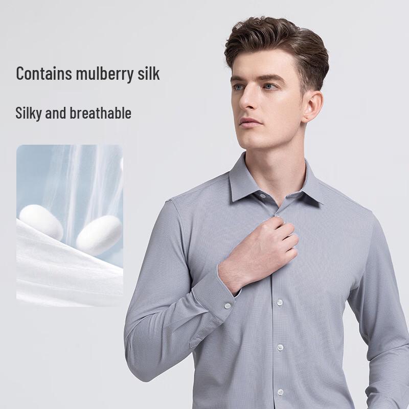 Langdeng Men's Silk Blend Anti-Wrinkle Plaid Business Long Sleeve Formal Shirt