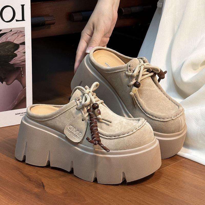 

Retro matte cowhide muffin thick-soled bag head Boken half slippers women s 2025 new small heightening loafers 35 бежевый