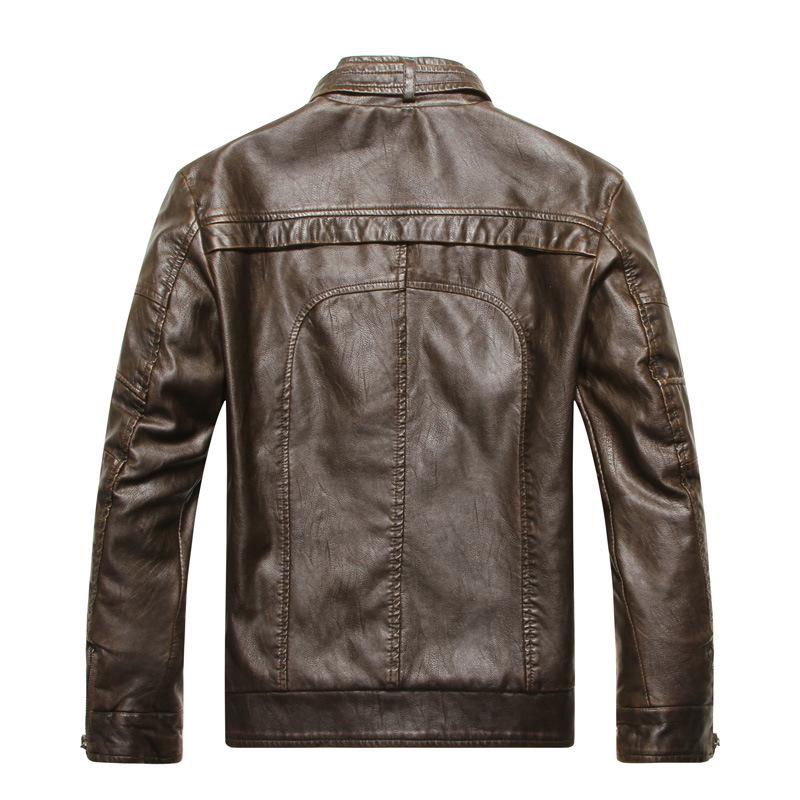 Men's Retro Winter Washed PU Leather Motorcycle Jacket with Stand Collar and Plus Velvet Lining