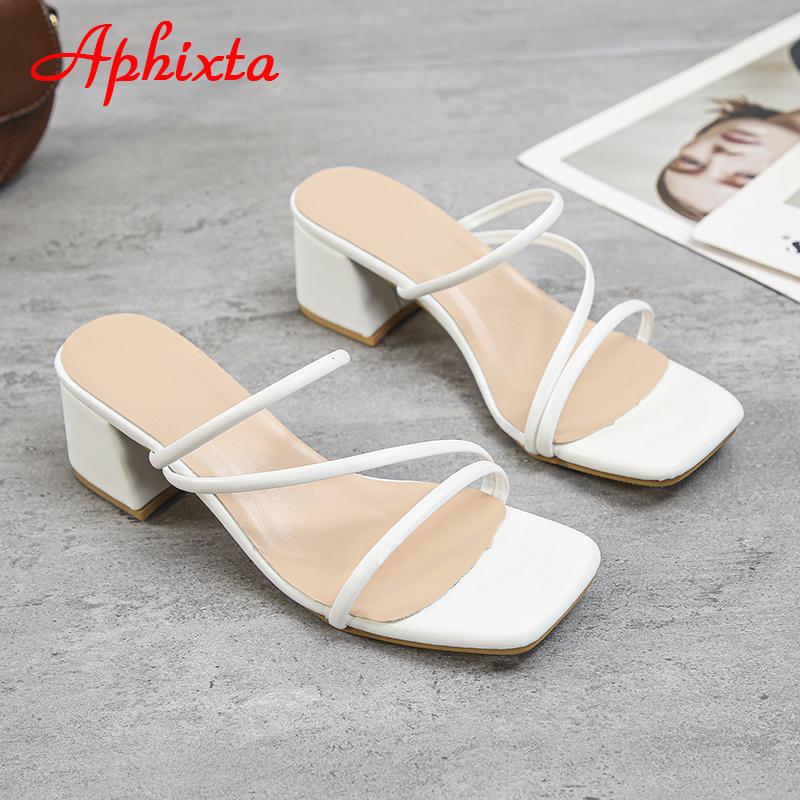 Fashion Aphixta 2025 New 4.5cm Red Low Square Heels Slides Women Simple Peep Toe Flip Flops Cool Summer Slippers Sandals Elegant Shoes