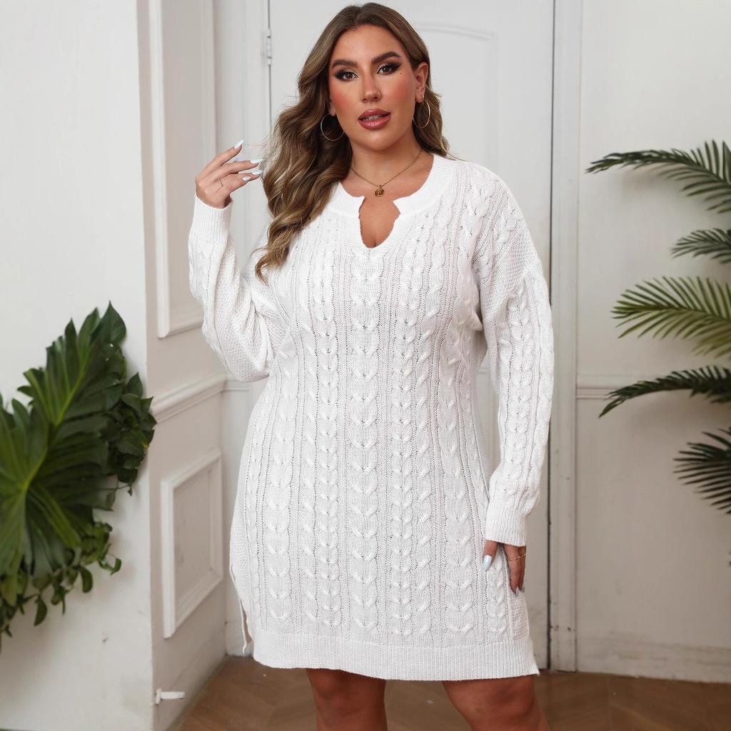 Plus-size Women's V-neck Knitted Sweater Solid Color Dress Autumn and Winter Woolen Dress