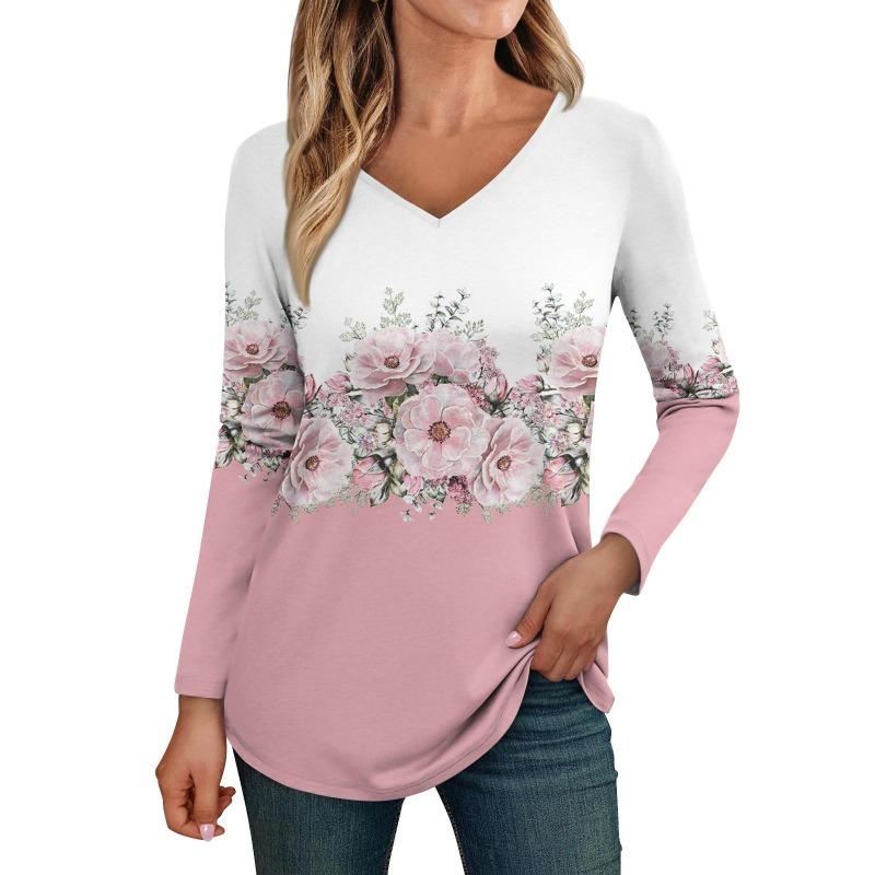 Damen Langarmshirts V-Ausschnitt Casual Blumendruck Basic Trendy T-Shirt Blusen Herbst Tunika Outfits Taillierte T-Shirts Damen