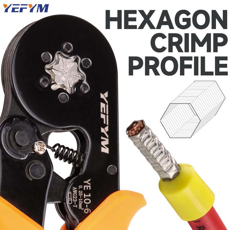 Hylseklemverktøy Selvjusterende sekskantet ledningskrimpetang for AWG23-7(0.25-10mm²) Skralle Ledningskrimpeverktøy YE 10-6
