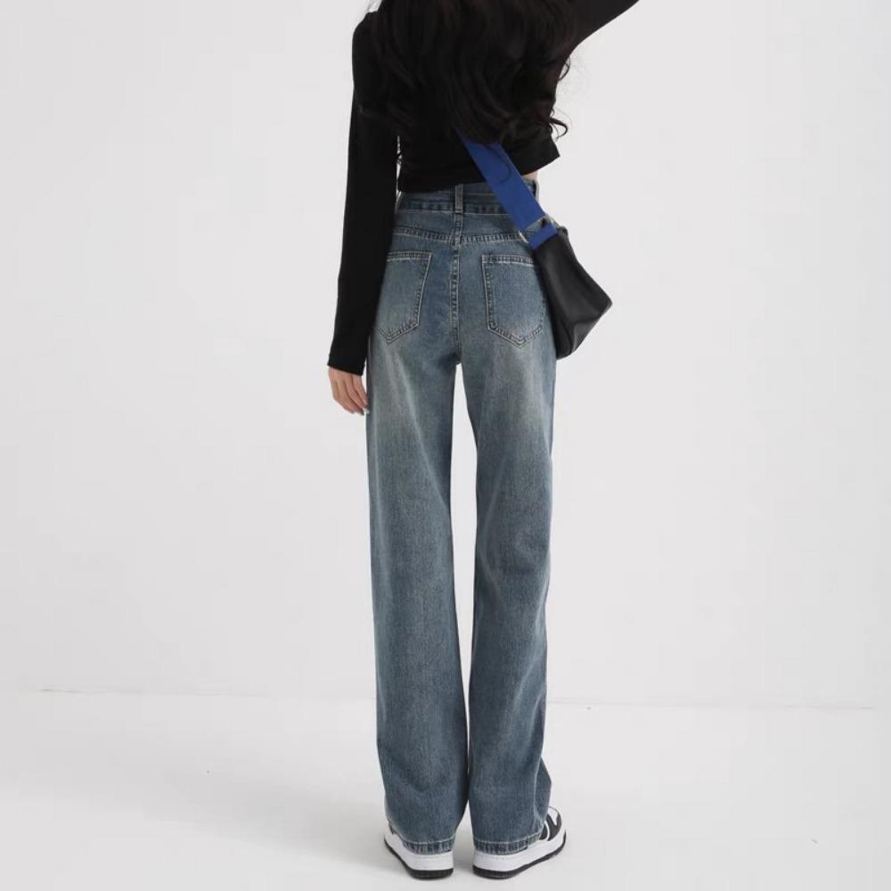 Retro Hong Kong style straight jeans women's spring and summer new high waist loose and thin wide leg drape trousers trend