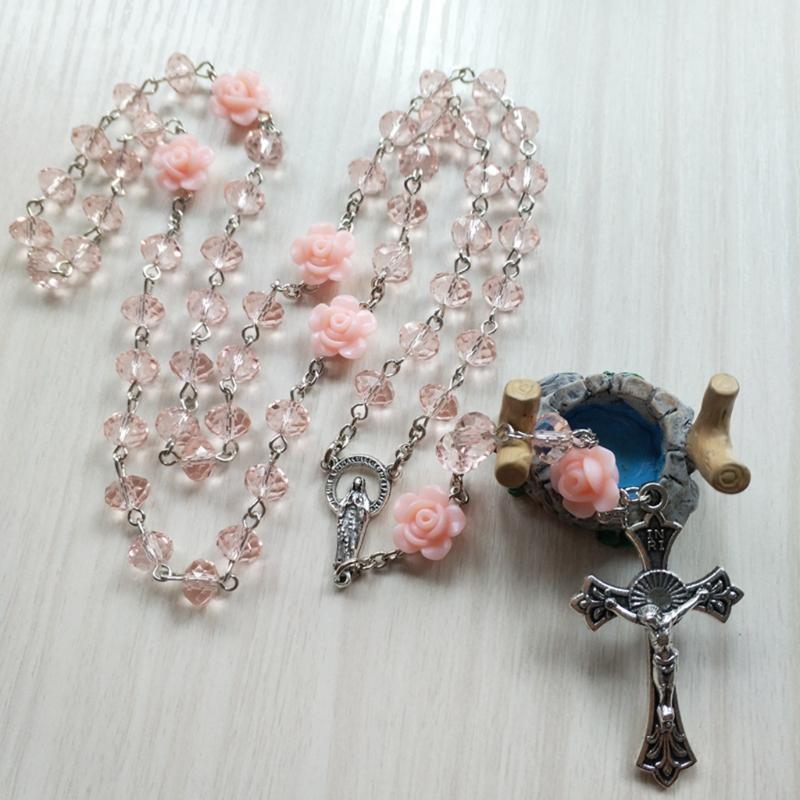 62KD Rose Crystal Rosary Necklace Catholic Vintage for Cross Pendant Long Chain Neckl